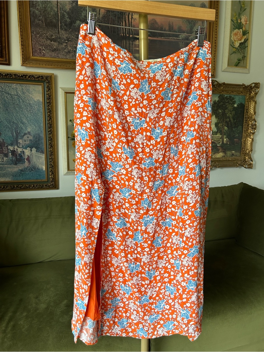 Maeve by Anthropologie Orange Floral Midi Skirt with Blue and White Blooms
